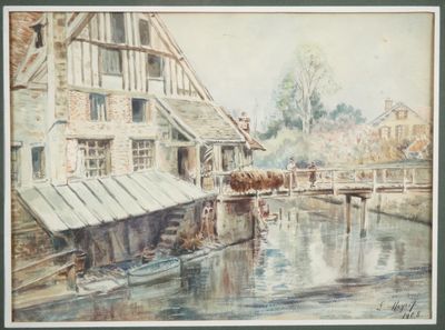une aquarelle représentant un canal avec un cheval tirant une charrette