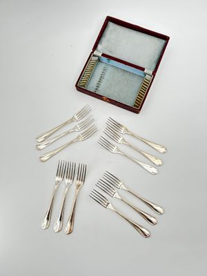 silverware in a wooden box with six forks and six spoons