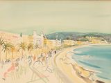 un tableau représentant une scène de plage avec des personnes sur la plage
