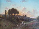 an oil painting of a person on a horse with a herd of sheep in a field