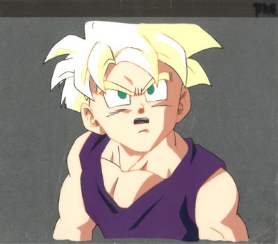 Gohan de Dragon Ball, vêtu d'un débardeur violet, les yeux ouverts