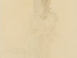 a drawing of a woman sitting on a chair with her legs crossed