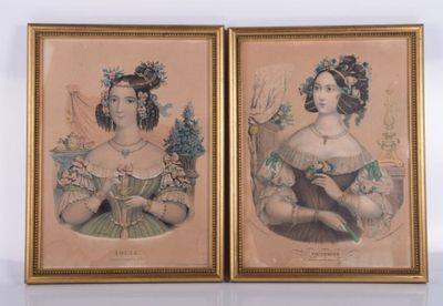 two framed pictures of a woman in a green dress and a lady in a blue dress