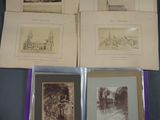 four old photographs of a church and other buildings are on a table
