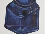 peinture représentant un bocal en verre bleu muni d'un couvercle noir