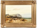 an image of a painting of a beach scene with a boat in the water