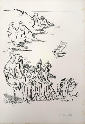 drawing of a group of people on a beach with a boat in the background