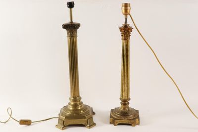 pair of antique brass column lamps with glass shades