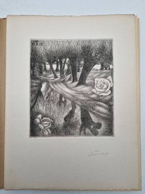 an old book with a drawing of a man and a woman in the woods