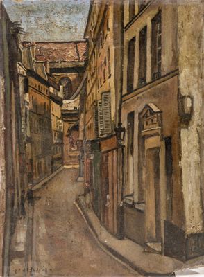 painting of a narrow street in an old european city