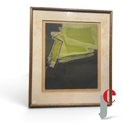 tableau représentant une chaise verte avec un coussin jaune sur fond blanc