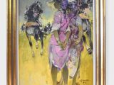 painting of a woman in a pink dress and a man in a purple hat