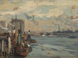 peinture d'une vue d'un port avec des bateaux dans l'eau