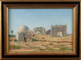 an oil painting of a desert scene with a building in the background