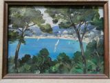 a painting of a sailboat in the water by the trees