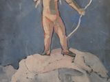 a painting of a boy with a bow and arrow on a rock