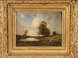 a painting of a landscape with trees and a river