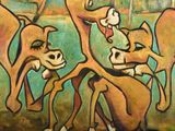 painting of a group of cows in a field with trees in the background