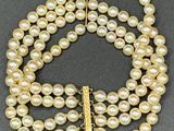 a close up of a necklace with pearls and a gold clasp