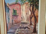 an oil painting of a street scene with a tree in the foreground