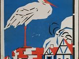 painting of a stork on top of a building with a blue sky in the background