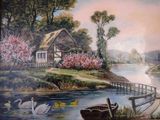 a painting on the wall of a house with swans in the water