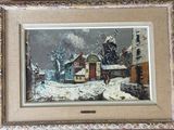 tableau représentant un village enneigé, avec un homme marchant dans la neige