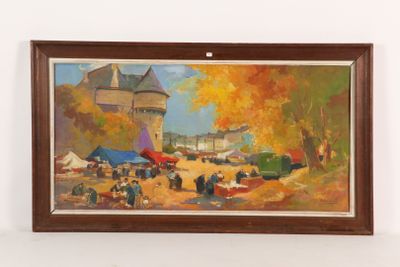 painting of a painting of a street scene with people sitting on the sidewalk