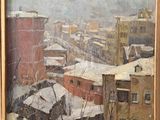 une peinture à l'huile représentant une ville enneigée, dans un cadre en bois