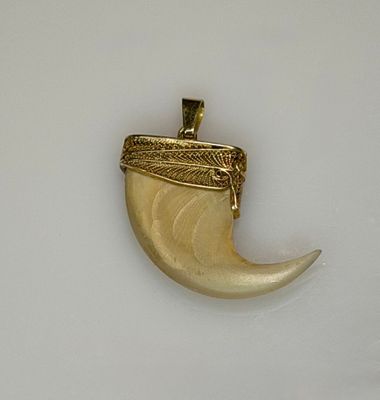 a gold plated pendant with a horn shaped object on it