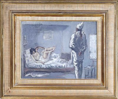 tableau représentant un homme et une femme dans une chambre à coucher avec un lit