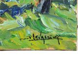 an oil painting of a cow in a field with a tree