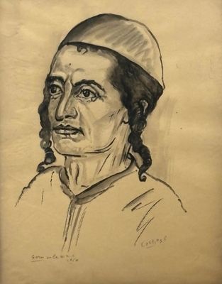 an old drawing of a woman with a hat on her head