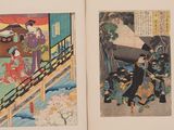three framed paintings of people on a bridge in a room