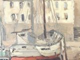 painting of a sailboat docked in a harbor with a building in the background