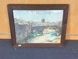 an oil painting of a bridge over a river with buildings in the background