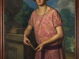 painting of a woman in a pink dress holding a book