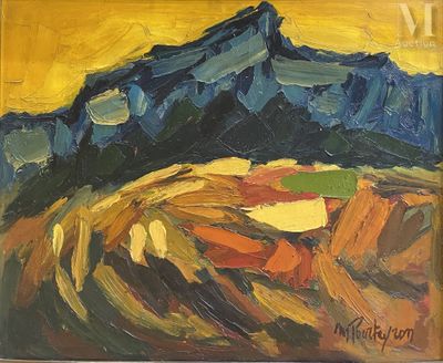 une peinture à l'huile représentant une montagne avec un ciel jaune en arrière-plan