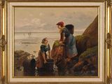 painting of a woman and two children washing their feet in the water
