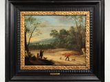 un tableau représentant un paysage avec un homme et un chien sur un chemin de terre