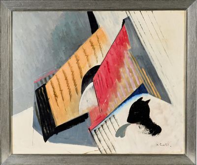 un tableau représentant un chat et un livre posés sur une table