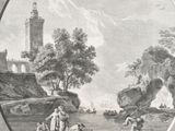 an old drawing of a lighthouse in the middle of a lake