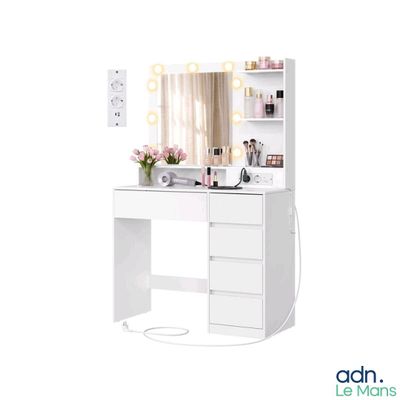 a picture of a vanity with a mirror and lights