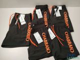three pairs of black and orange pants with the words charban on them