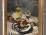 painting of a plate of fruit and a bottle of wine on a table