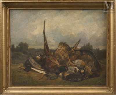 painting of dead birds in a field with a sky background