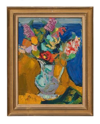 une image d'une peinture de fleurs dans un vase sur une table
