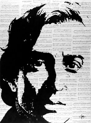 a black and white drawing of a man ' s face on a newspaper page