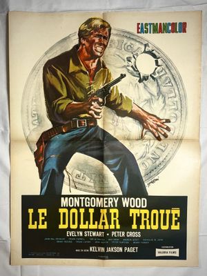 une vieille affiche de cinéma représentant un homme tenant un pistolet devant une pièce de monnaie