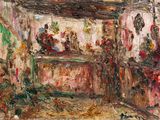 une peinture à l'huile représentant une pièce avec un bouquet de fleurs accroché au mur